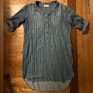 Bella Dahl Chambray Denim Shirt Dress Button Sleeve Aztec Size Large